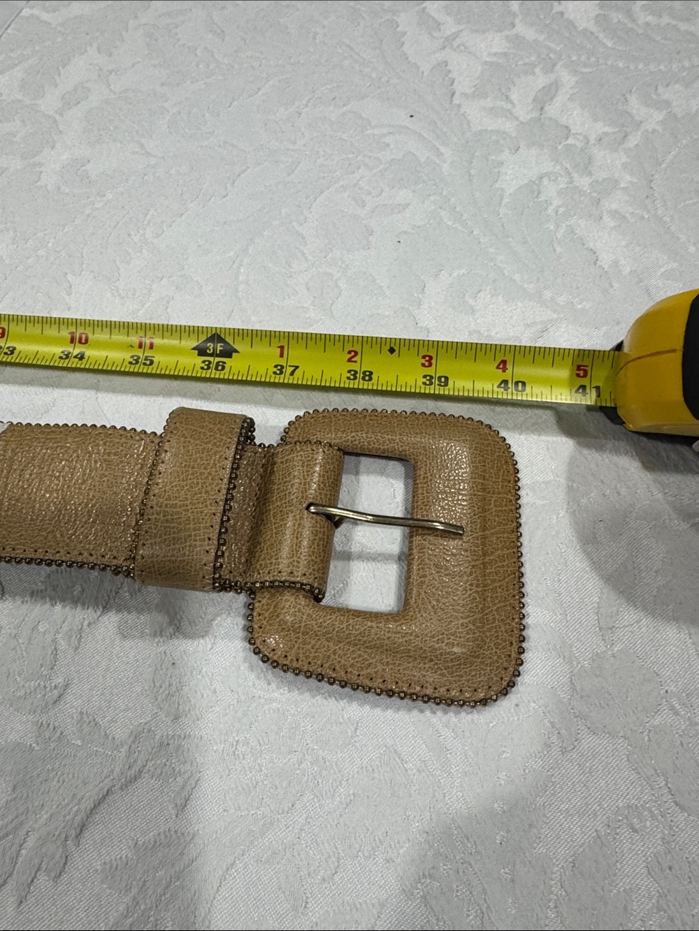 Vintage Sandy Duftler Designs 1999 Wide Leather Statement Belt Tan White Olive - Picture 10 of 10